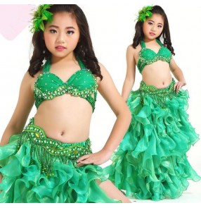 Green hot pink fuchsia white yellow gold sequins rhinestones girls children stage performance school play competition belly dance dresses outfits for kids